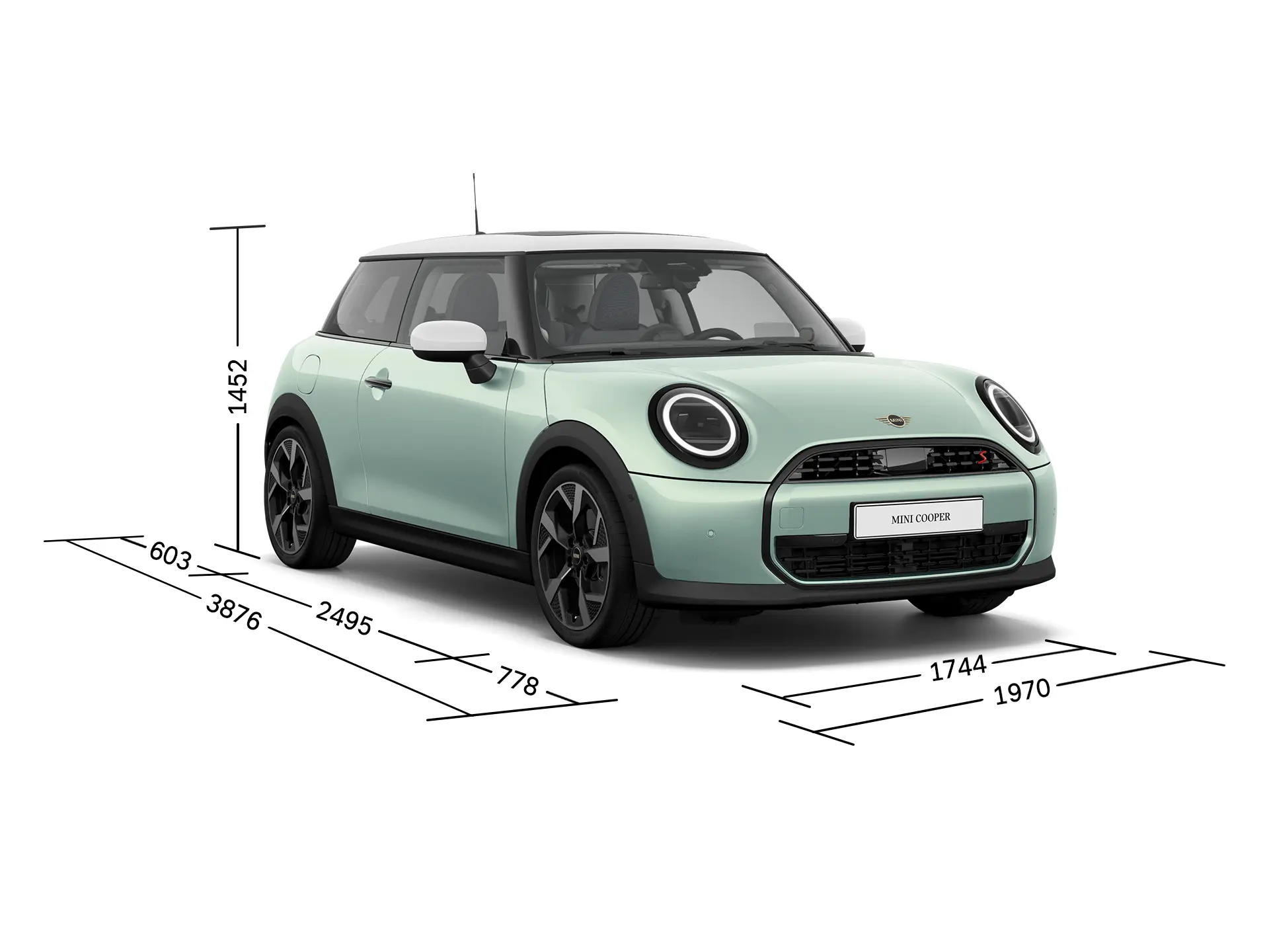 MINI Cooper 3 врати - изглед отпред с размери