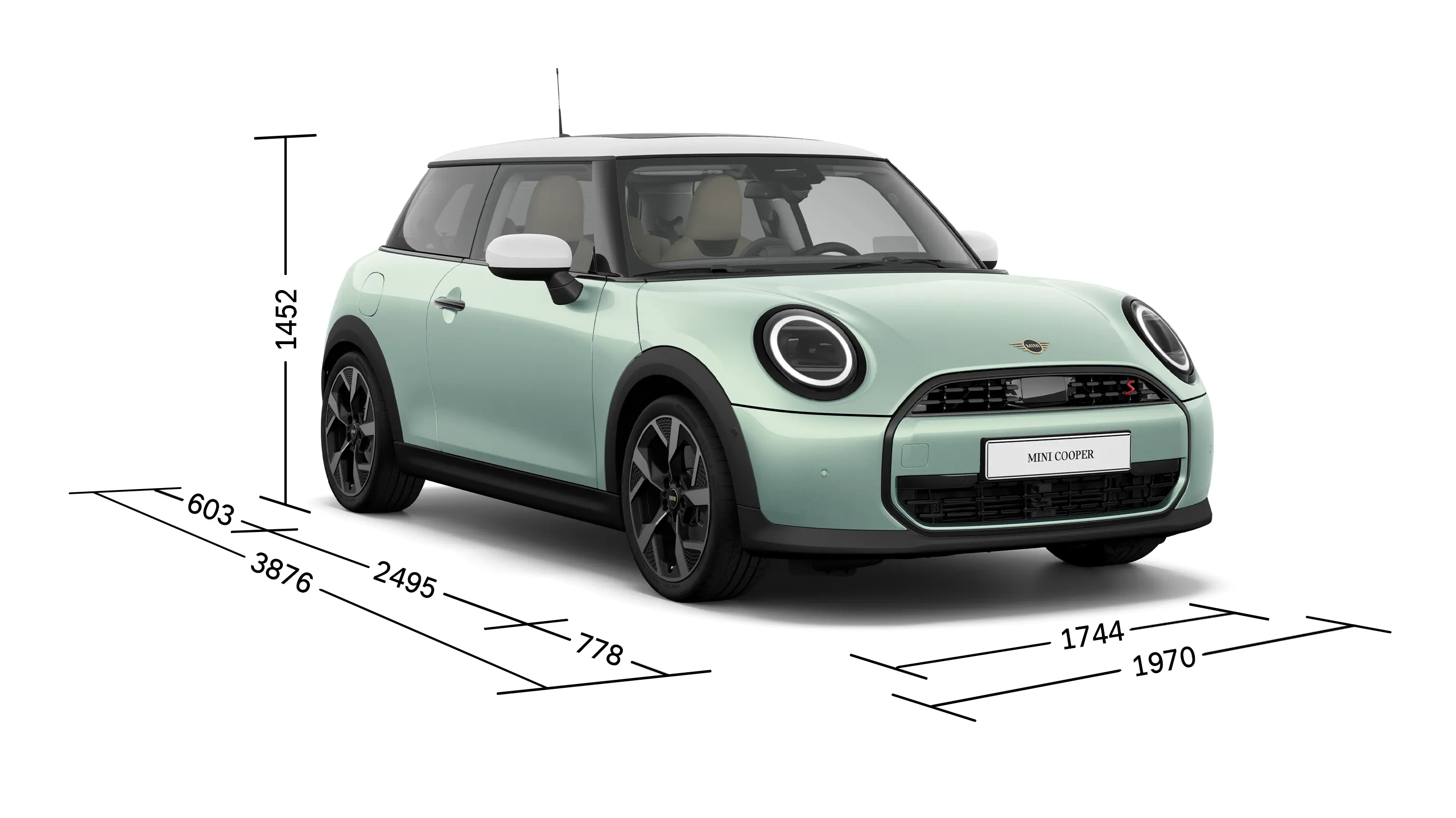 MINI Cooper 3 врати - изглед отпред с размери